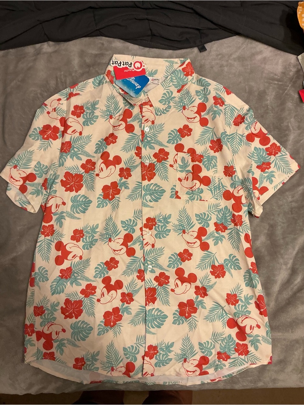 Disney Short-Sleeve Mickey Floral Button-Down Shirt - White/Red/Teal